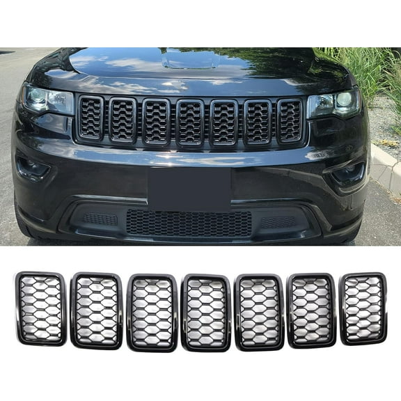 7PCS Gloss Black Honeycomb Mesh Front Grill Inserts Trim Rings kits Compatible with 2017 2018 2019 2020 2021 Jeep Grand Cherokee