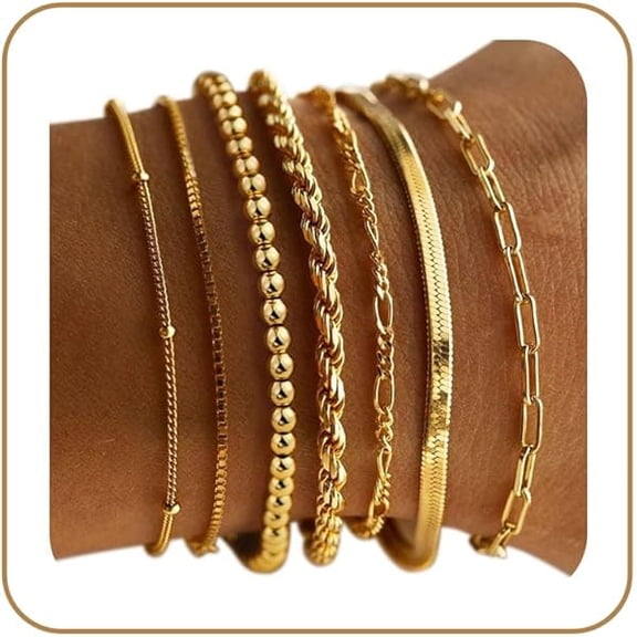 7PCS Gold Bracelets for Women - 14K Real Gold Plated Beaded Bracelets Set Rope Paperclip Chain Stackable Bracelet Non Tarnish, Friendship Birthday Jewelry Gifts for Women Teen Girls