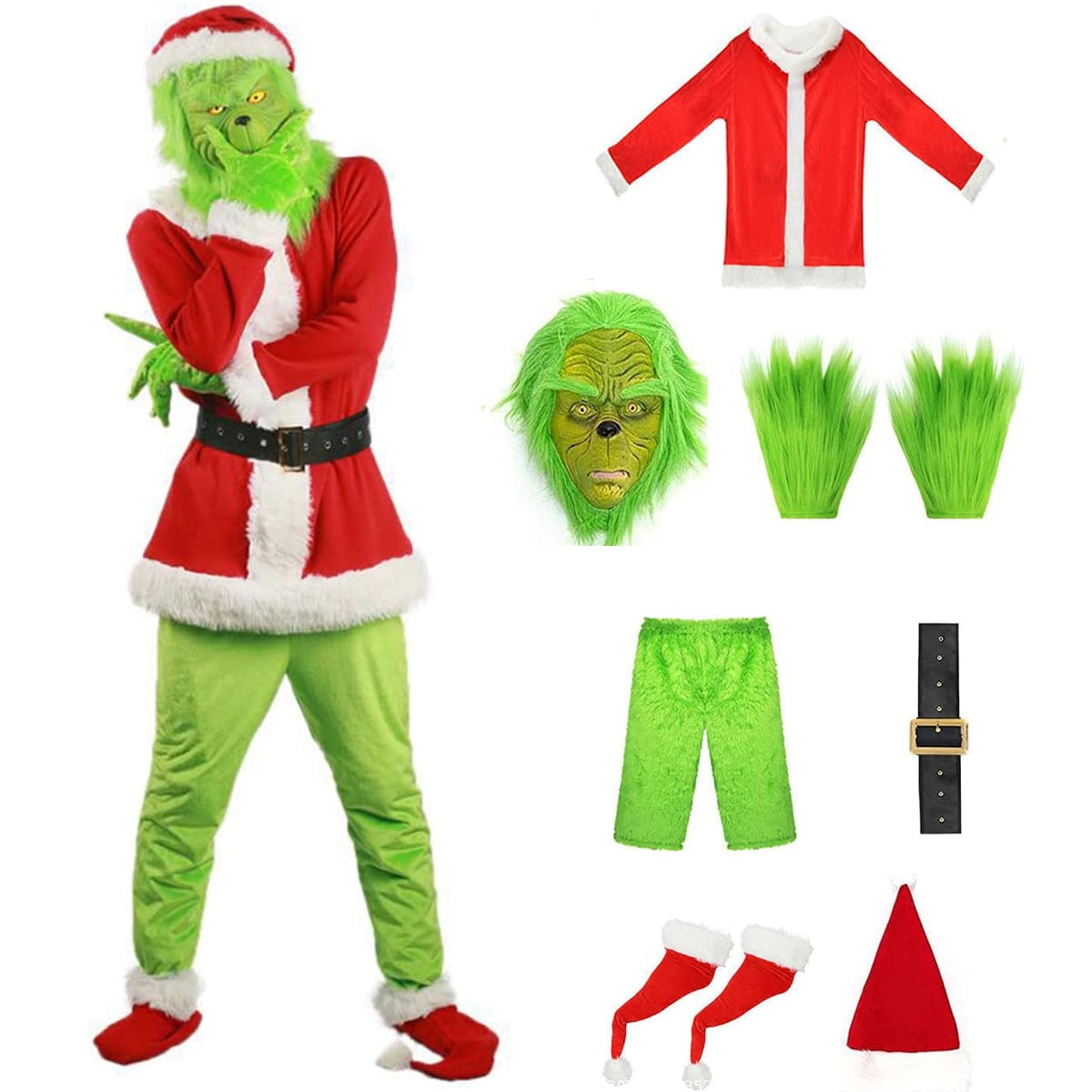 7PCS Grinch Santa Costume with Funny Mask Christmas Hat - Walmart.com