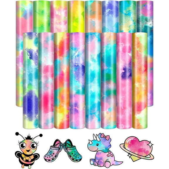 7PCS Heat Transfer Vinyl,Tie-Dye Heat Transfer Vinyl Roll,Pastel Tie Dye Permanent Vinyl,Watercolor Patterned HTV Vinyl,Transfer Sheets,for Mug T- Shirts Coasters (Mix-color)