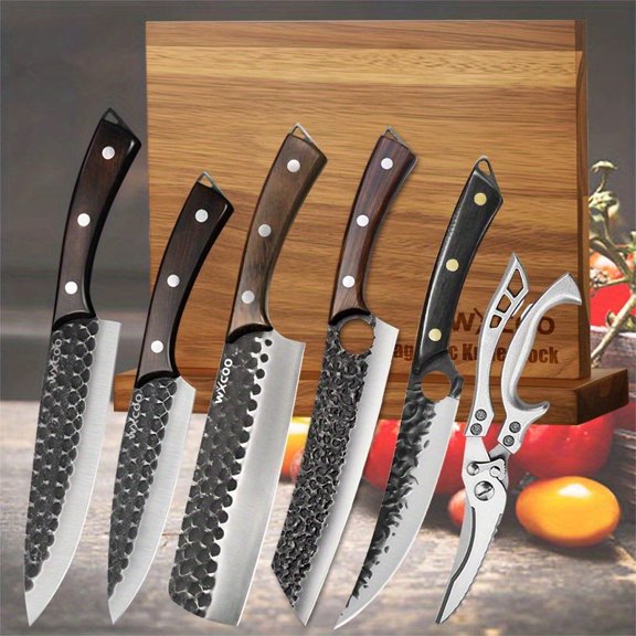 7PCS High Carbon Steel Chef Knife Set Includes Professional Cooking Knives Kitchen Scissors Knife Stand Multipurpose Sharp Beef Chinese Vegetable Chopping Boning Fish Meat Cutting Tools
