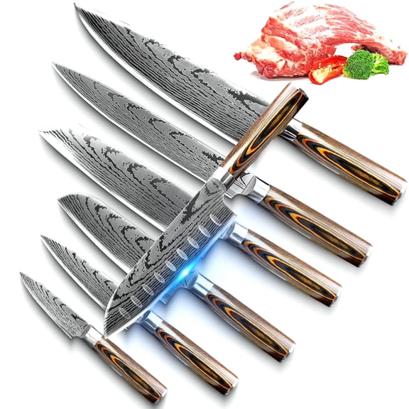 MYVIT Japanese Knife Professional Chef Knife Damascus Laser 7-Piece High Carbon Stainless Steel Kitchen Knives Set with Covers Sharp Slicing Meat Cleaver Cooking Knife Restaurant Home Use