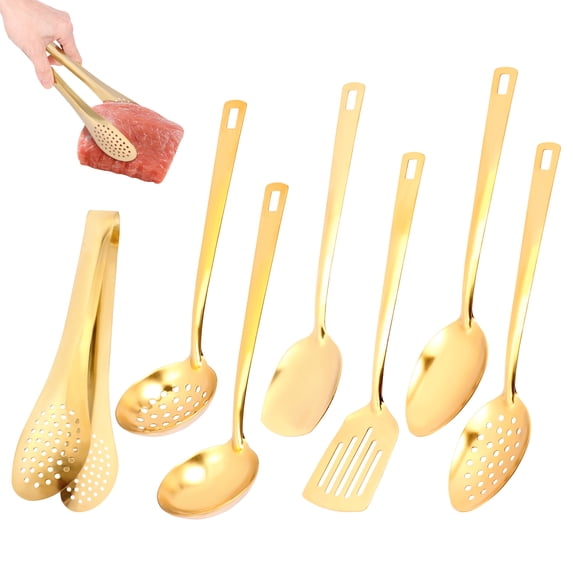 7PCS Kitchen Utensil Set Stainless Steel Cooking Utensil Heavy Duty Kitchen Tool Spatula Set Home Essentials Dishwasher Safe,Gold
