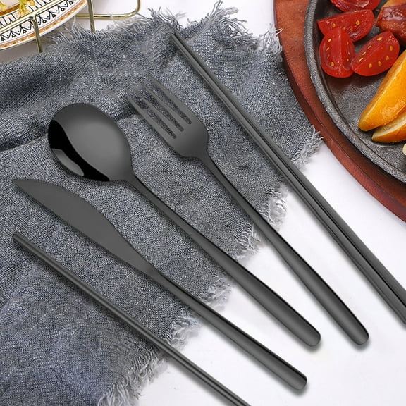 7PCS Korean Stainless Steel Cutlery Set - Knife, Fork, Spoon, Chopsticks & Straw Brush with Storage Bag, Portable Outdoor Camping Utensil Set, Travel Silverware Set