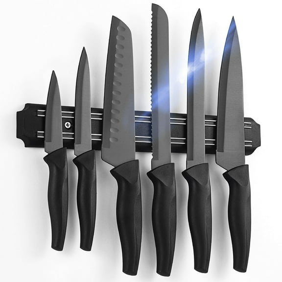 7PCS Matte Black Titanium Stainless Steel Knife Set with Magnetic Strip, Sharp Kitchen Knife Set Professional, Kitchen Knife Set Dishwasher Safe with Covers for Cooking
