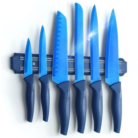 7PCS Matte Blue Titanium Stainless Steel Knife Set with Magnetic Strip, Sharp Kitchen Knife Set Professional, Kitchen Knife Set Dishwasher Safe with Covers for Cooking