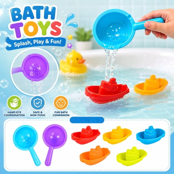 7PCS Mold Free Bath Toys Open Seamless Quick Dry Design Stackable Scoops Floating Boats Water Play Toys for 12-18 Months 1-3 Years Old Toddlers Bathtub Pool Water Table Toys,B