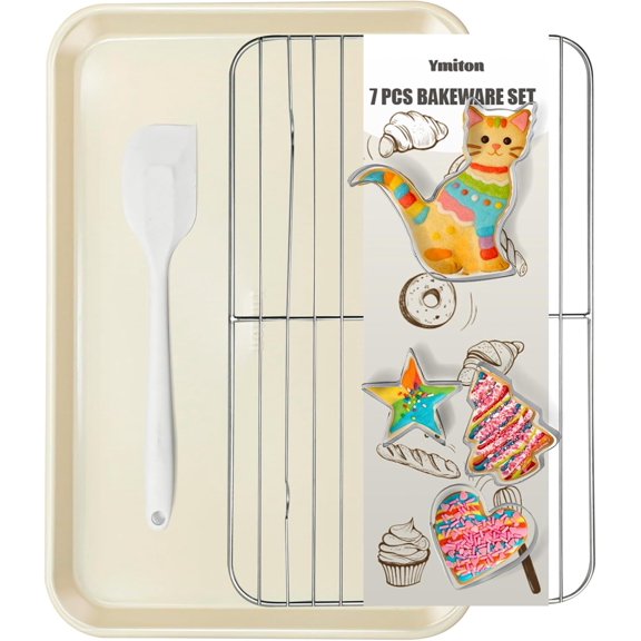 7PCS Nonstick Baking Sheet Set - 10x15in Jelly Roll Pan with Wire Rack, Silicone Spatula & 4 Cookie Cutters, Thickened Carbon Steel, Oven Safe 450C, Sunshine Cream