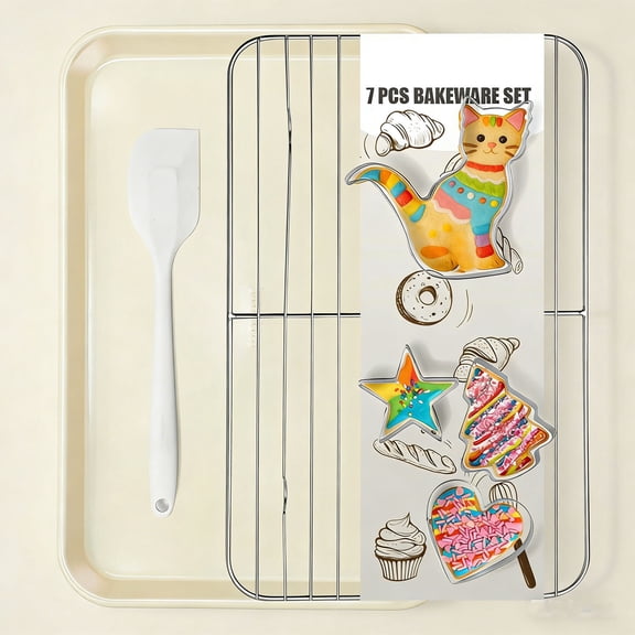 7PCS Nonstick Baking Sheet Set - 10x15in Jelly Roll Pan with Wire Rack, Silicone Spatula & 4 Cookie Cutters, Thickened Carbon Steel, Oven Safe 450C, Sunshine Cream