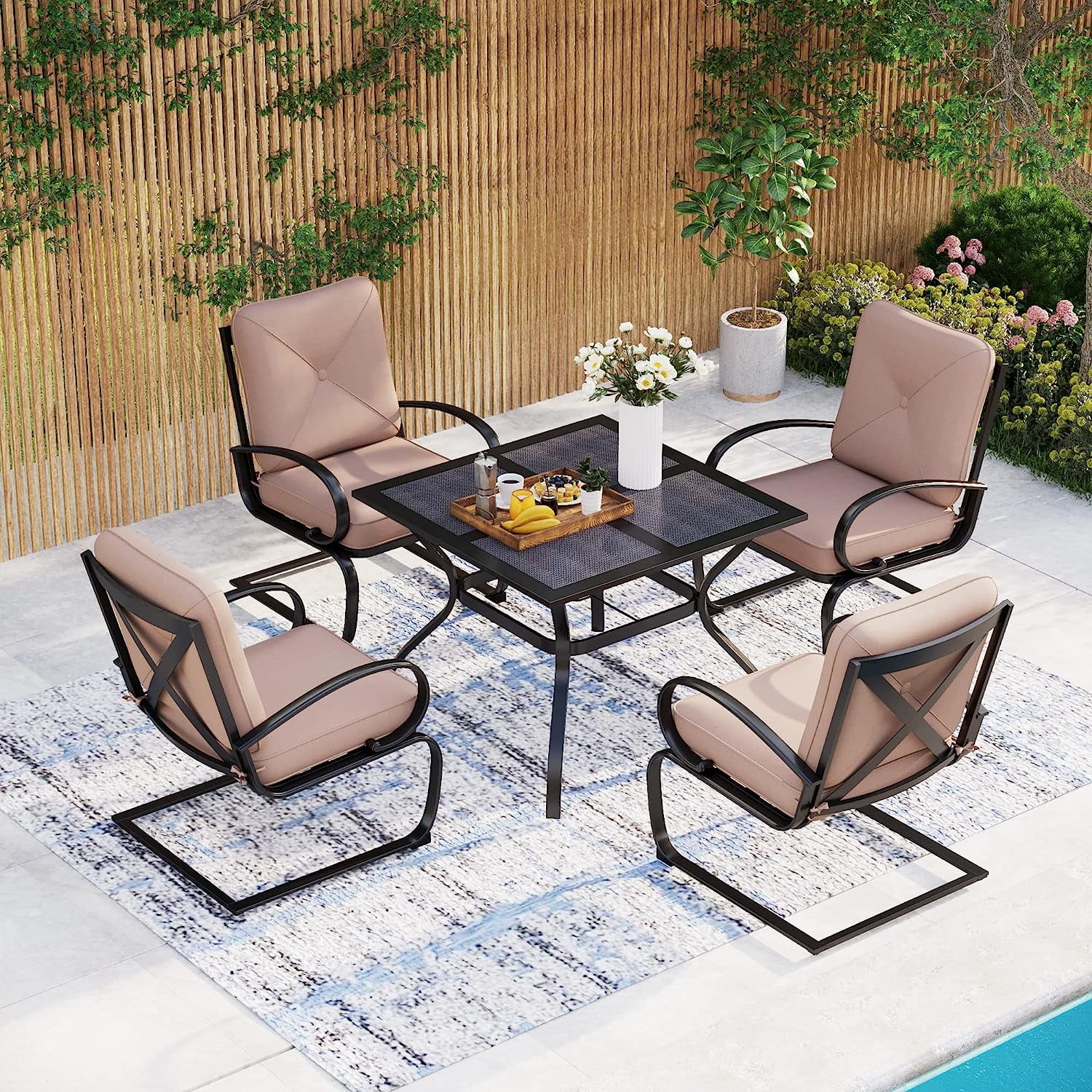 7PCS Outdoor Patio Dining Set 6 Spring Motion Chairs with Cushion 1