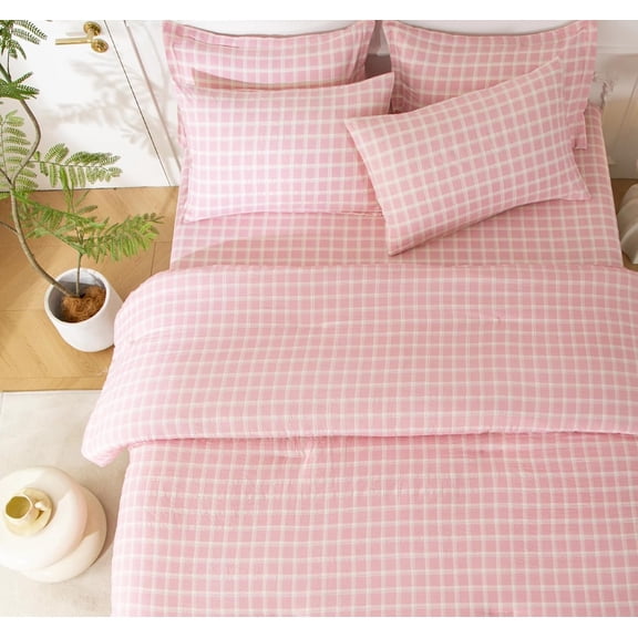 7PCS Pink Plaid Comforter and Sheet Set Queen Size, Super Soft Microfiber Gingam Bedding Set Includes 1*Comforter,1* Flat Sheet, 1*Fitted Sheet,2*Pillowcases and 2*PillowcaseShams