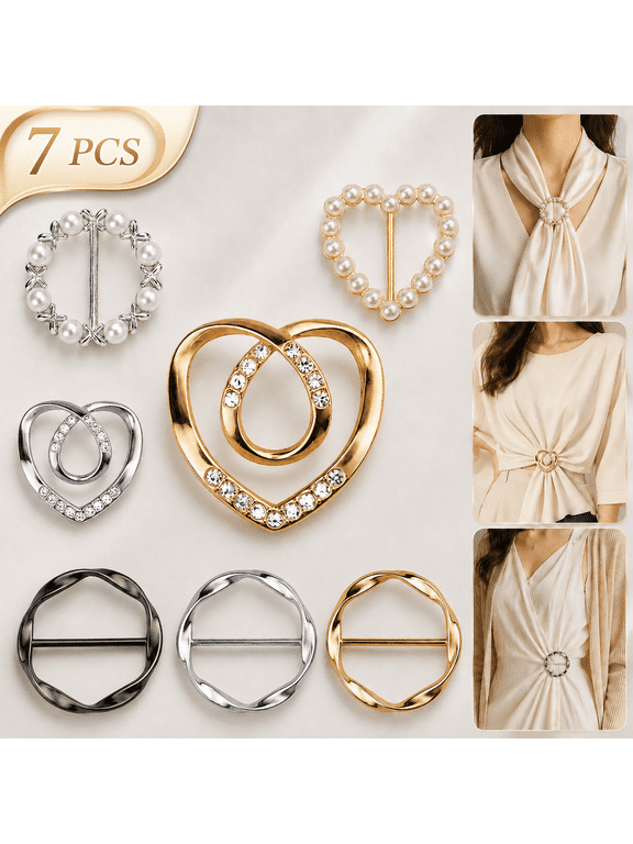 7PCS Scarf Ring Clip Set for Women, Scarf Rings & Cinch Clips for T-Shirts, Shirts and Dresses, 4 Size Scarf Slide Buckle Accessories in Gold, Silver & Black