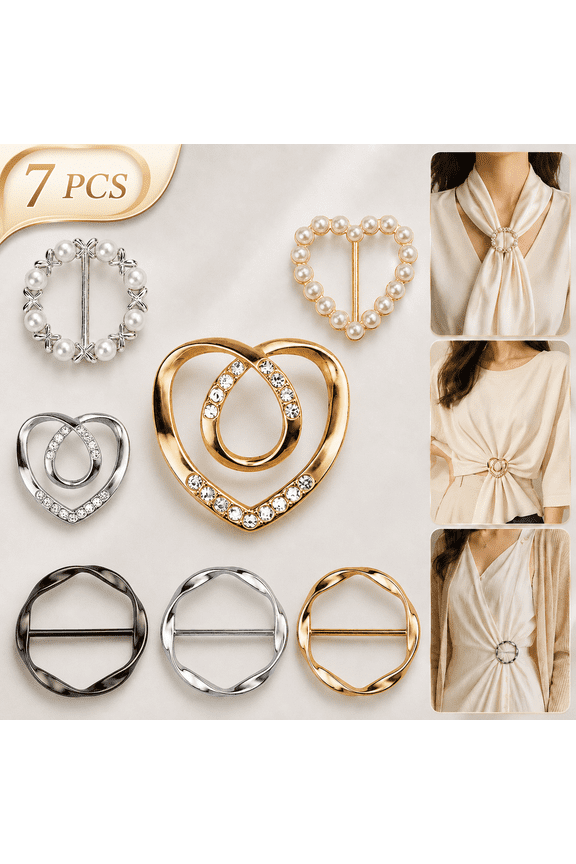 7PCS Premium Scarf Ring Clip, Cute T-Shirt Clips for Women Clothing, 4 Different Sized Shirt Ties Clips Waist Cinch Clip Buckle for Women Clothing Accessories, Gold/Silver/Black