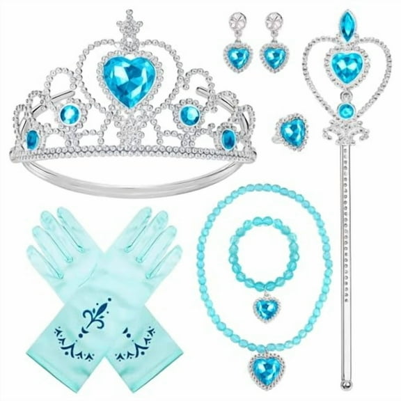 7PCS Princess Dress Up Accessories Diamond Crown Set with Gloves Tiara Wand Necklace Earrings Bracelet Ring Present