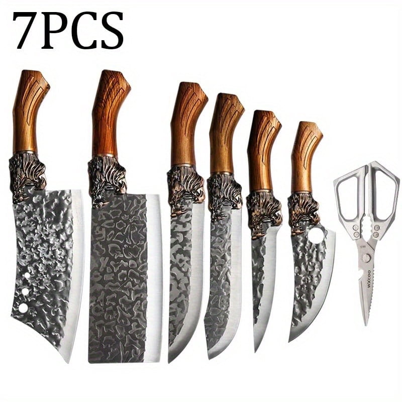 7PCS Professional Kitchen Chef Knife Set Handmade Forged Stainless Steel Kitchen Utility Boning Butcher Fish Bone Scissors Ultra-Sharp Cutting Fish Duck Meat Scissors for Cooking