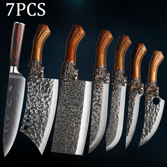 7PCS Professional Kitchen Chef Knife Set Including Stainless Steel Chef Butcher Utility Boning Fish Multipurpose Meat Cleaver Kitchen Cutting Hand Tools for Cooking and Food Preparation