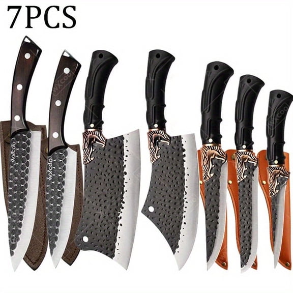 7PCS, Professional Kitchen Chef Knife Set, Stainless Steel Handmade Forged Knife Vegetable Knife Utility Knife Fish Knife Butcher Knife Meat Cleaver for Kitchen Convenience Boning Knife Cutting Knife