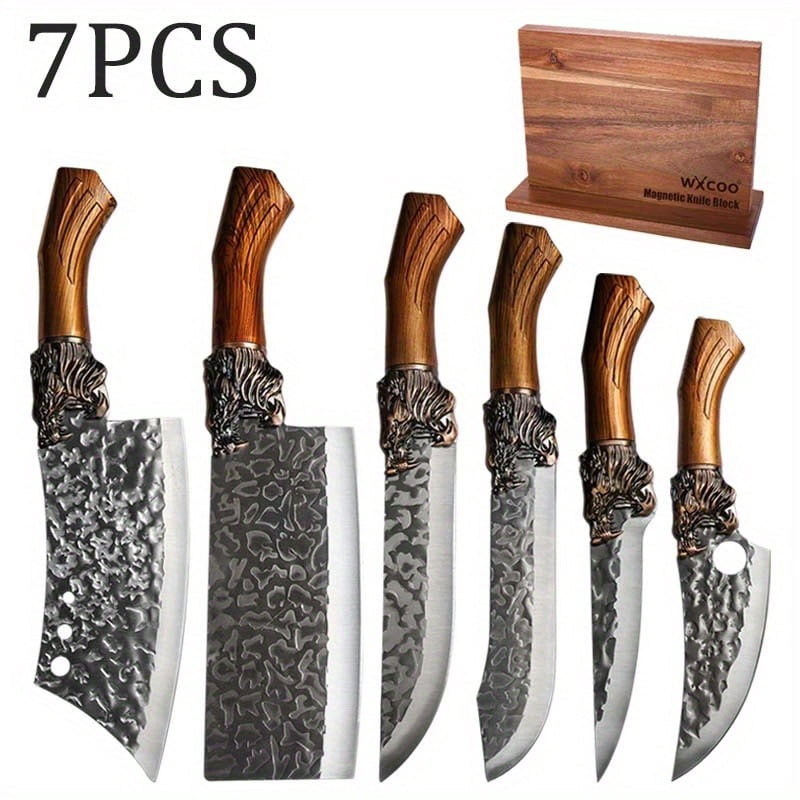 7PCS Professional Stainless Steel Kitchen Chef Knife Set With Double-sided Wooden Magnetic Knife Block Holder No Drilling Multipurpose Utility Boning Fish Cutting Knife for Home Kitchen Convenience