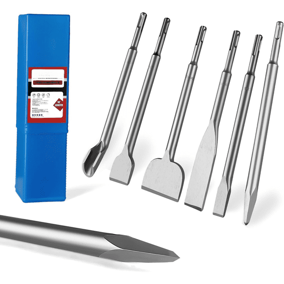 7PCS SDS Plus Chisel Set with Case, 10-Inch Rotary Hammer Chisels for Concrete, Tile & Masonry, Heat-Treated Steel, Includes Point, Flat, Grooving, Scraping, Tile & 3-Inch Scaling Chisel