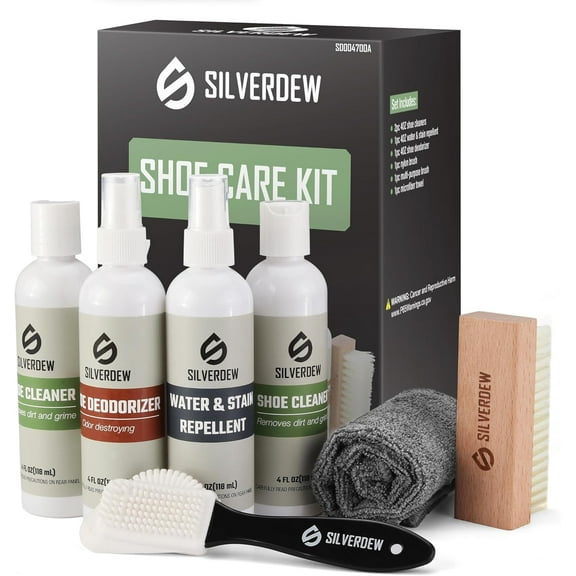 7PCS Shoe Cleaning Kit, 2 Bottles Shoe Cleaner, Deodorizer, Protector Waterproof and Stain, 2 Brushes & Microfiber Towel for Sneaker, Leather, Nubuck, Suede, Mesh & Canvas