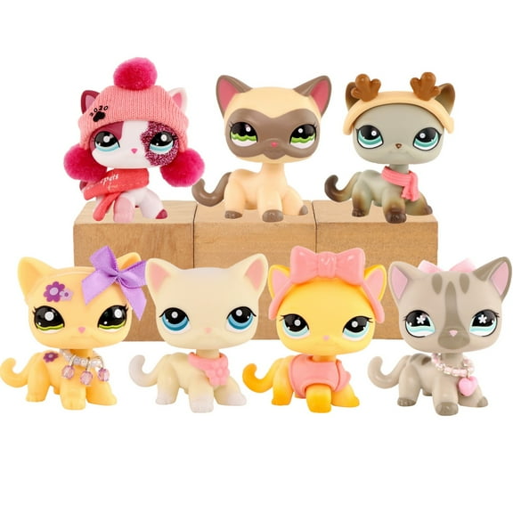 7PCS Shorthair Cat Mini Pet Toys,with Necklace Bow Jacket Hat and More Accessories,Bobble Head