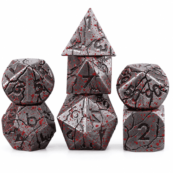 7PCS Silver Red Splatter Crackle Metal DND Dice Set Polyhedral RPG Dice for Dark Fantasy Tabletop Games