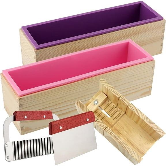 7PCS Soap Molds with Stainless Steel Wavy Slicer and Straight Slicer, Soap Loaf Bar Rectangular Silicone Soap Making Molds Kit with Wood Box DIY Tool Set for Soap Making Supplies