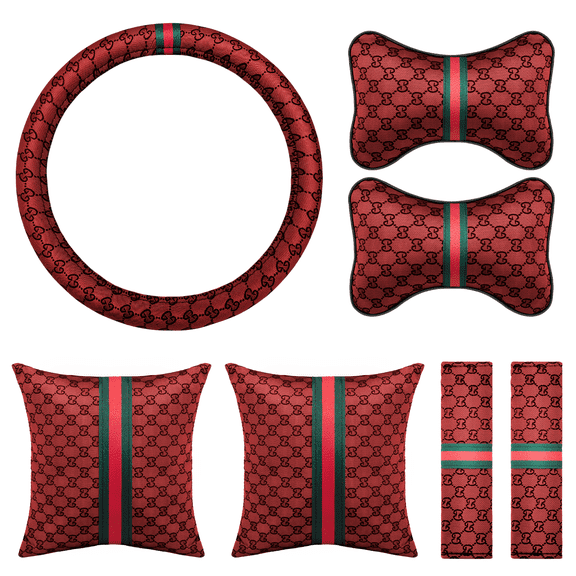 7PCS Steering Wheel Cover Set for Women, Car Accessories with Car Neck Pillows Lumbar Support Pillow and Seat Belt Covers, Universal Fit 14-15.5 inches (Red)