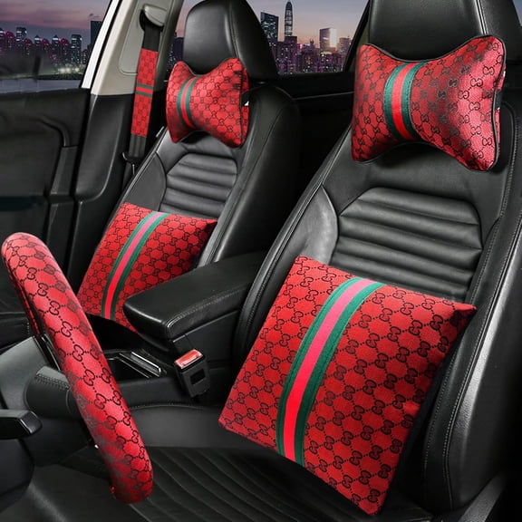 7PCS Steering Wheel Cover Set for Women, Car Accessories with Car Neck Pillows Lumbar Support Pillow and Seat Belt Covers, Universal Fit 14-15.5 inches (Red)