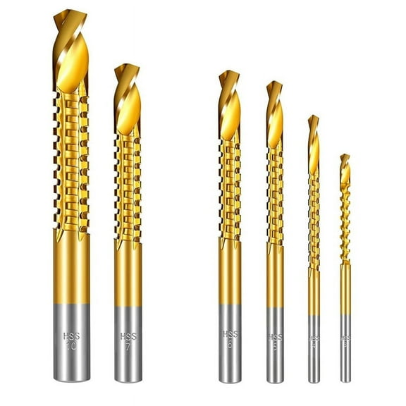 7PCS Titanium Coated HSS Twist Drill Bits, 3-10mm Serrated Side Cutting Drill Bit, Hex Shank Serrated Cutting Drill Bits