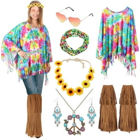 7PCS Women Hippie Costume Accessories, 60s 70s Costume Outfit Kit, Including Hippie Tie Dye Poncho, Fringe Boot Covers, Peace Sign Necklace, Turquoise Earrings, Sunglasses, Flower Headband