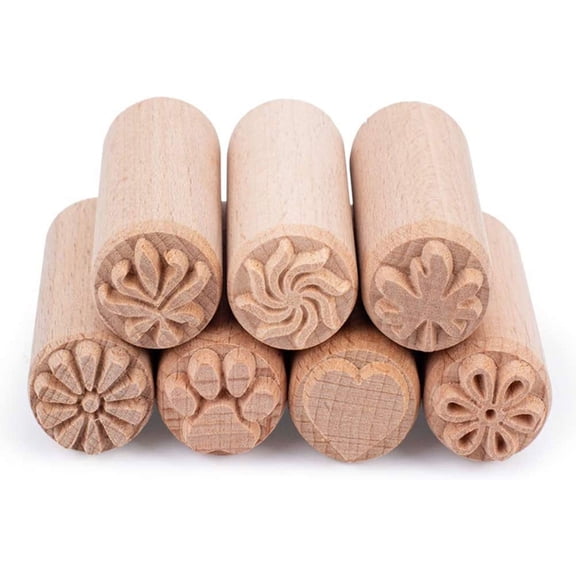 7PCS Wood Pottery Tools Stamps Column Wooden Stamps Natural Wood Stamps with Mixed Patterns for Clay Christmas Birthday Gift 50 x 20mm(2x0.7)