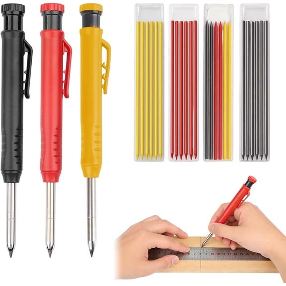 7PCS Work Pencils for Builders, Construction Pencil Set for Builders Construction Architect Woodworking(3 Trace Pencils + 4 Boxes of Carpenter Pencil Refills, 3 Colors)