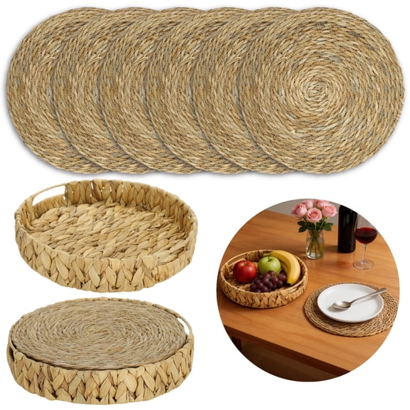 7PCS Woven Placemats Set of 6, Natural Bulrush Grass Round Table Mats, Rustic Decor Storage Basket with Handles, Braided Round Table Mats for Home, Wedding, Party