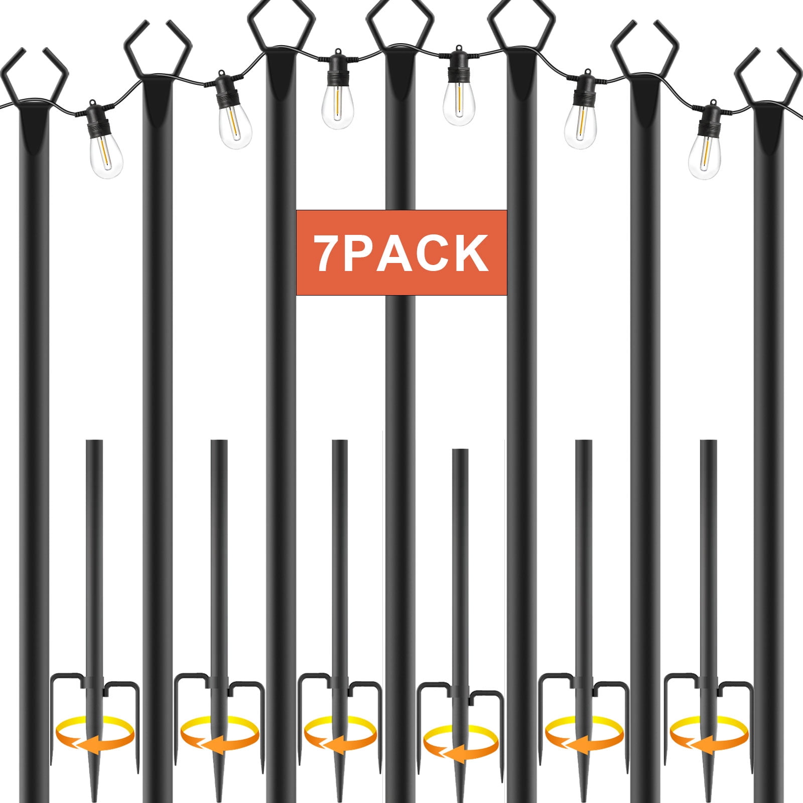 7Pack 10FT Outdoor String Light Poles with Fence Brackets, Heavy Duty Metal Light Stand for Hanging String Lights, Weatherproof Deck Patio Backyard Garden Light Pole for Wedding Party Holiday Decor