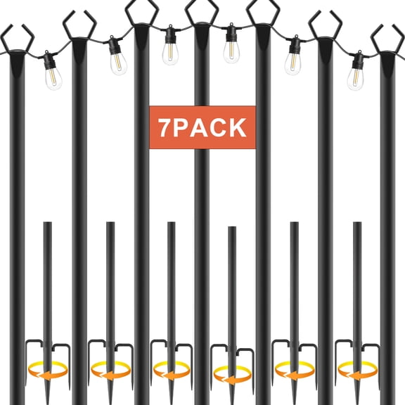 7Pack 10FT Outdoor String Light Poles with Fence Brackets, Heavy Duty Metal Light Stand for Hanging String Lights, Weatherproof Deck Patio Backyard Garden Light Pole for Wedding Party Holiday Decor