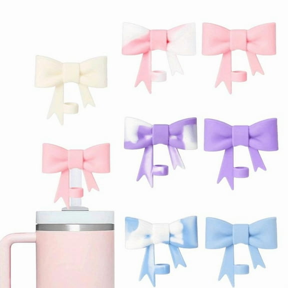 7Pack Reusable Cute Pink Bow Silicone Straw Cover Set For 0.4inch/1cm Straw Dustproof Spill Proof Straw Cap Compatible Toppers for Cup Bow Kitchen and Restaurant Accessories Perfect for Parties Events