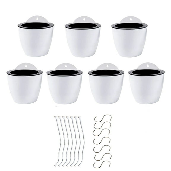 7Pack Self-Watering Plant Flower Pot Wall Hanging Plastic Planters with Hooks White