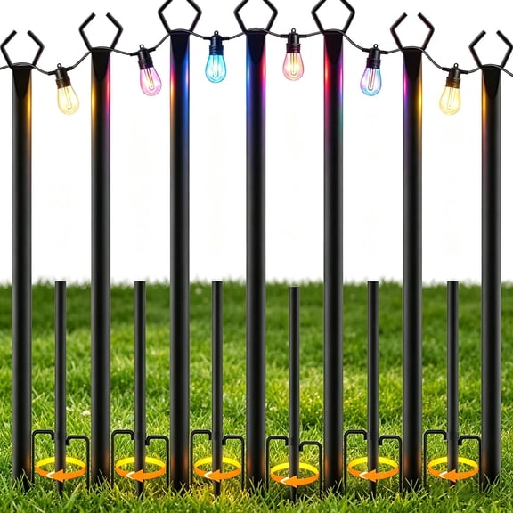 7Pack String Light Poles, 10ft Light Poles for Outside String Lights, Outdoor Lights Pole with Fork, Metal Poles Stand for Patio Deck Backyard