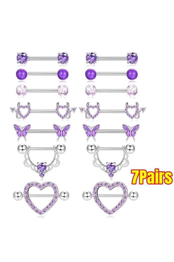 7Pairs 14G Stainless Steel Nipple Rings Glitter CZ Heart Balls Straight Barbell Bars Tongue Ring Body Piercing Jewelry