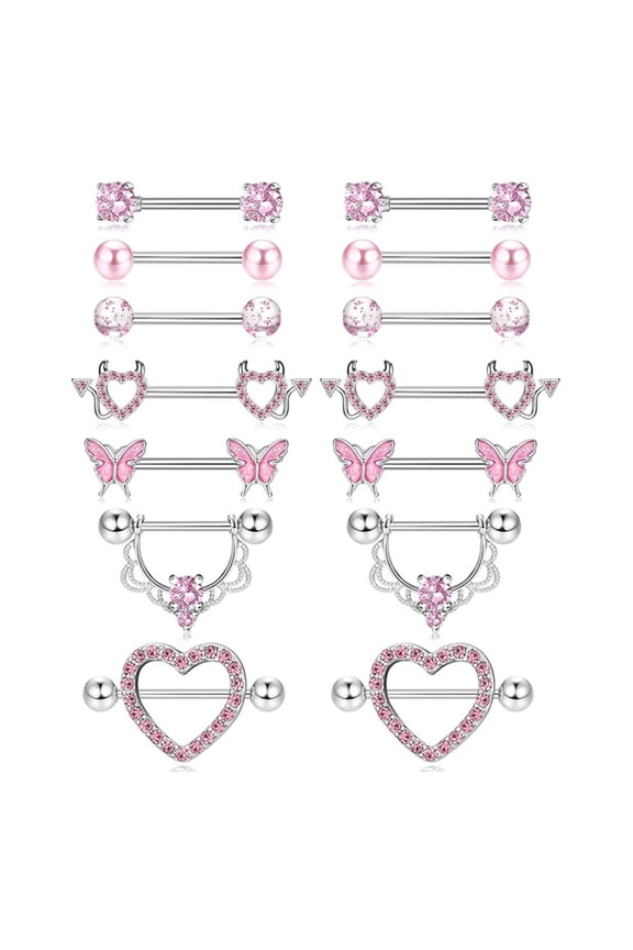 7Pairs Surgical Steel Nipple Piercings Sturdy Stainless Steel Nipple Piercings Accessory with Elegant Zirconia Detail