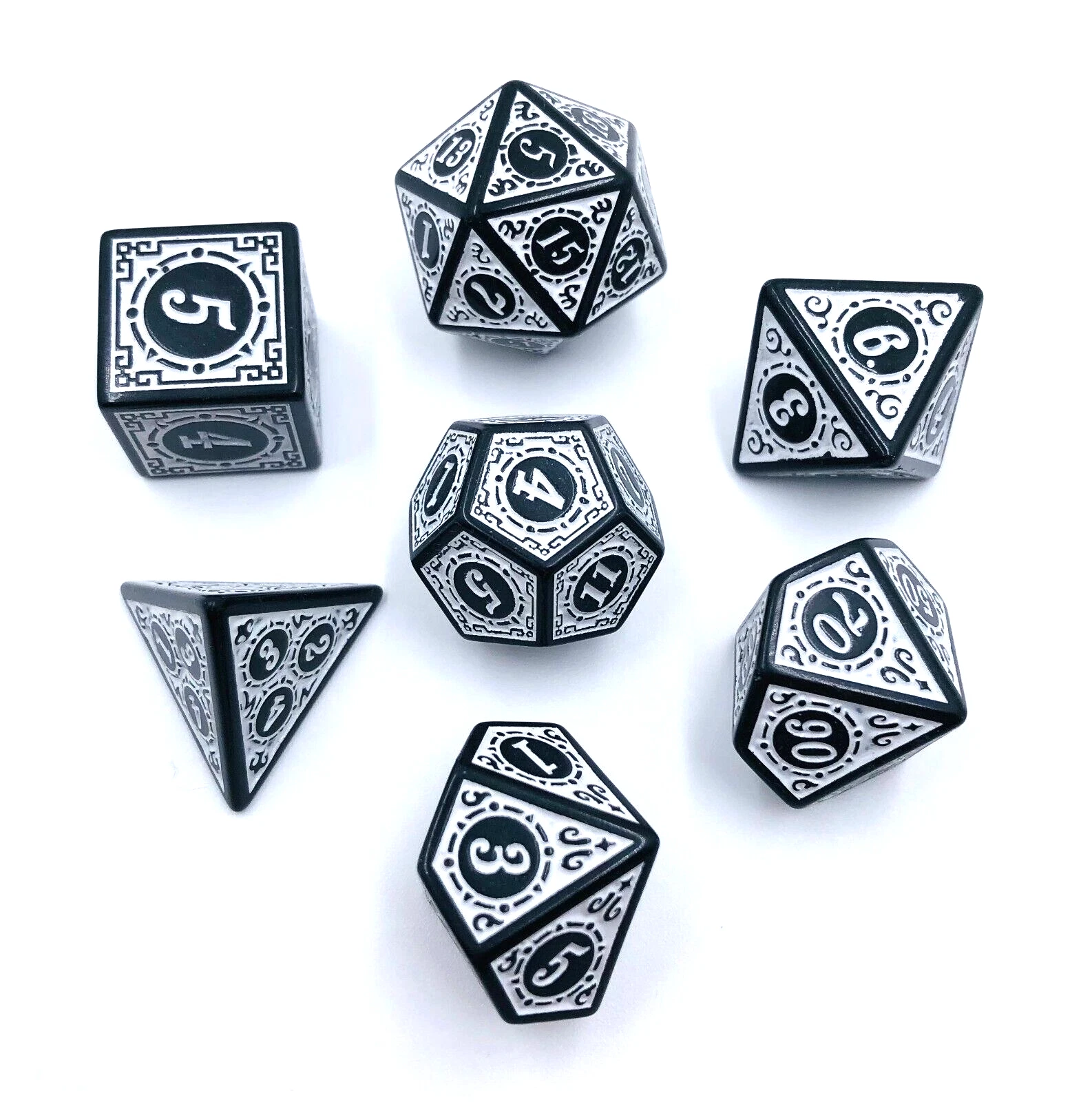 7Pc Black And White D&D Dice Set Polyhedral Dark Dnd Rpg Board Table Games