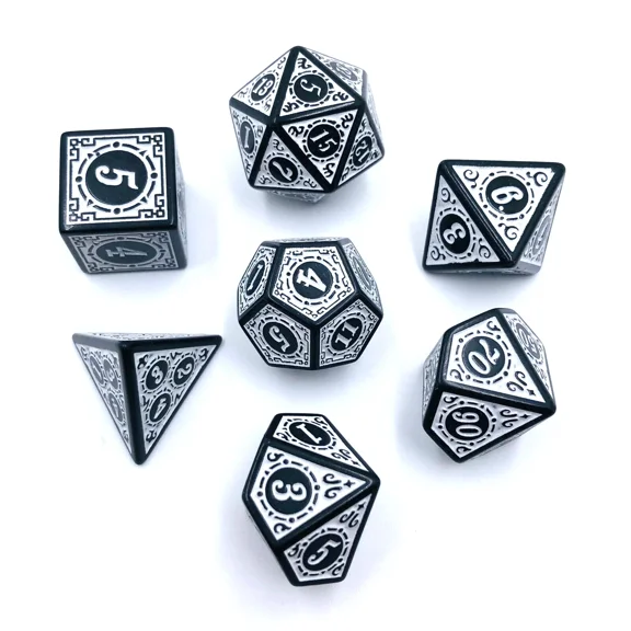 7Pc Black And White D&D Dice Set Polyhedral Dark Dnd Rpg Board Table Games