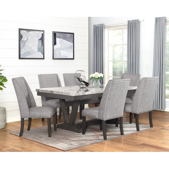 7Pc Dining Room Set Faux Marble Table Upholstered Wing Back Chairs Gray Finish Furniture