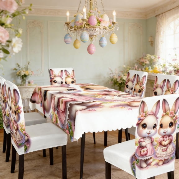 7Pc Easter Bunny Tablecloth and Chair Cover Set, 1 Tablecloth + 6 Chair Covers for Spring Dining Decor