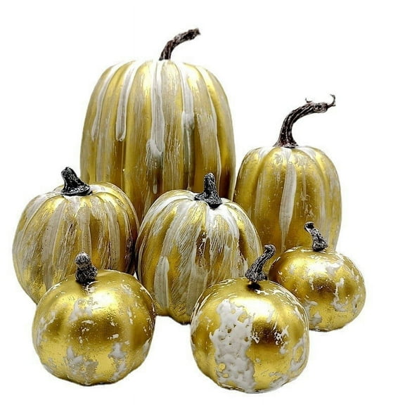 7Pc Pumpkin Decor Set, Glittery Gold & White Painted Artificial Pumpkins With Realistic Stems, For Halloween Decor, Thanksgiving Tabletop, Fall Harvest Display, Home Mantel