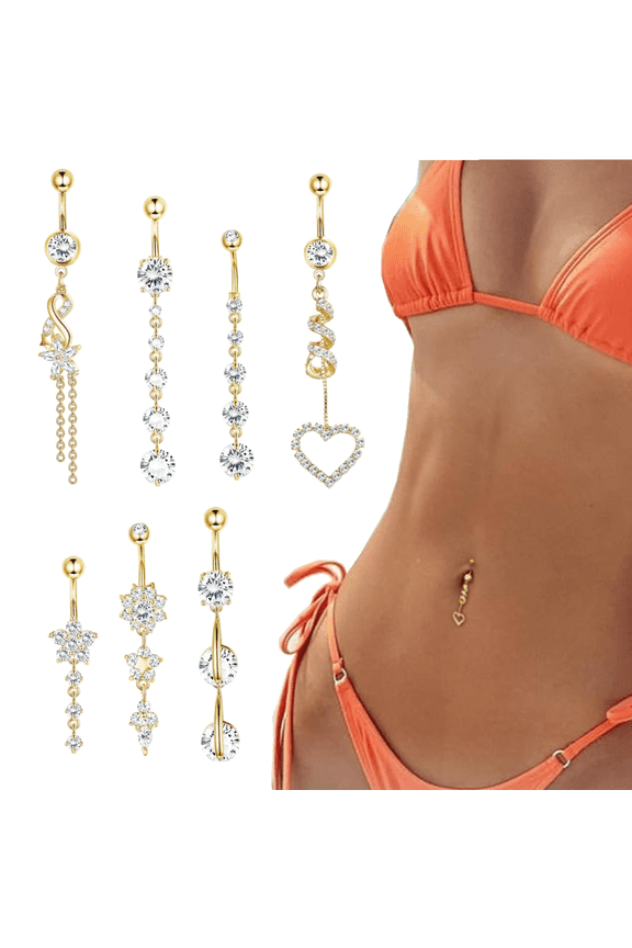 7Pcs 14G Dangle Belly Button Ring Piercing Jewelry 316L Surgical Steel Hypoallergenic Navel Rings for Women