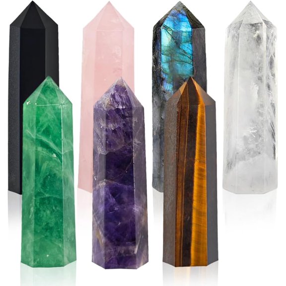 7Pcs 22.4" Chakra Crystal Obelisk Tower Set Mixed Healing Stones Desktop Decor