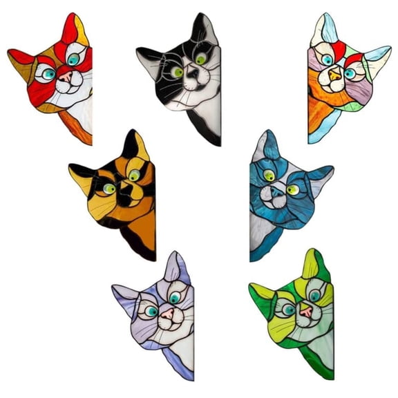 7Pcs 3D Stained Glass Cat Window Stickers Realistic , Easy Installation, Dreamy Decor for Windows