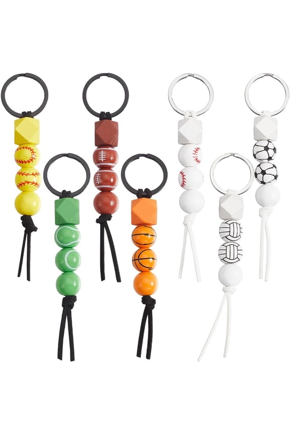 7Pcs 7 Colors Basketball Key Chains Bulk Beadable Keychains Kits Wood Small Round Soccer Volleyball Colorful Sport Ball Charm Keychain Set for Car Key Keychain Party Wedding Favors Adult